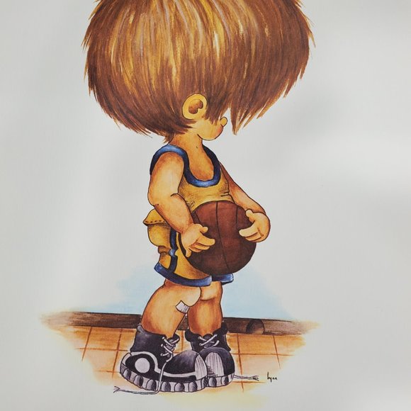 Little Boy BASKETBALL SPORTS STAR Art Print 11x14 inch VTG 1970s Watercololor - Picture 2 of 3